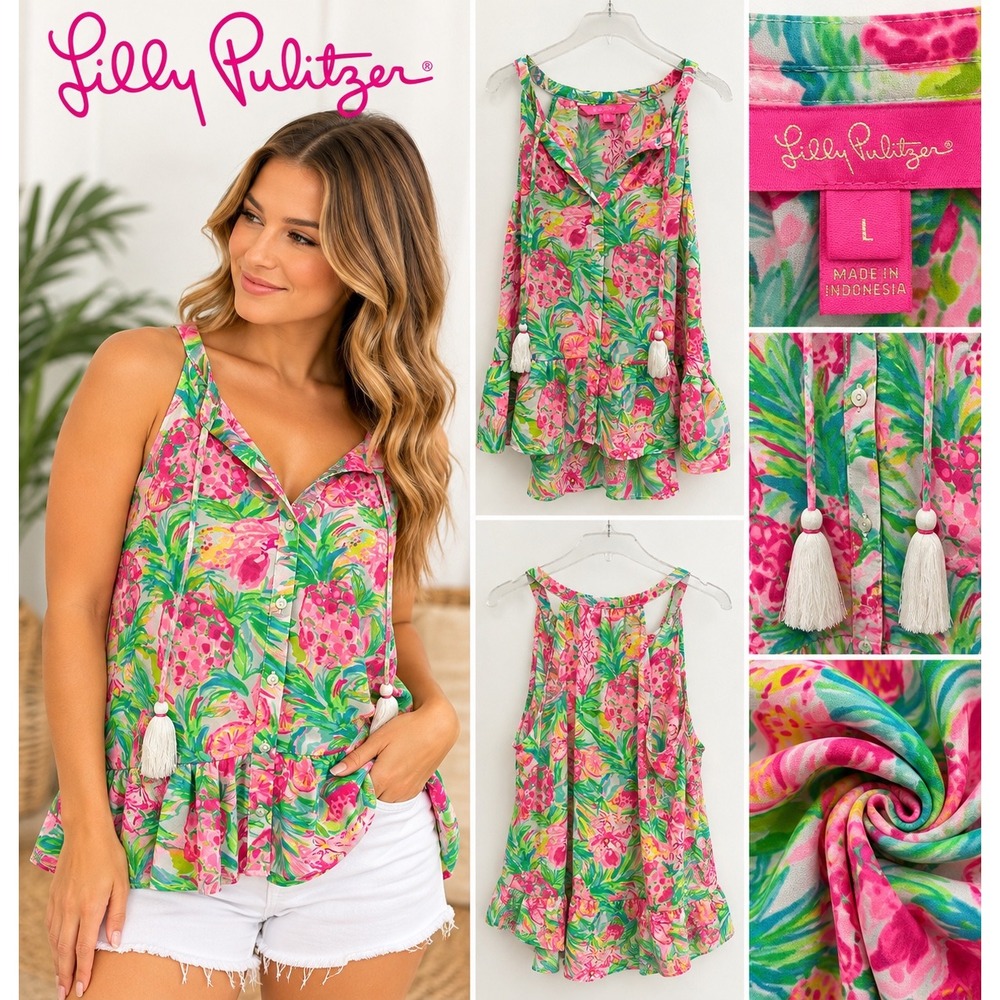 Lilly Pulitzer Pink Green Pineapple Floral Tassel Peplum Top Large